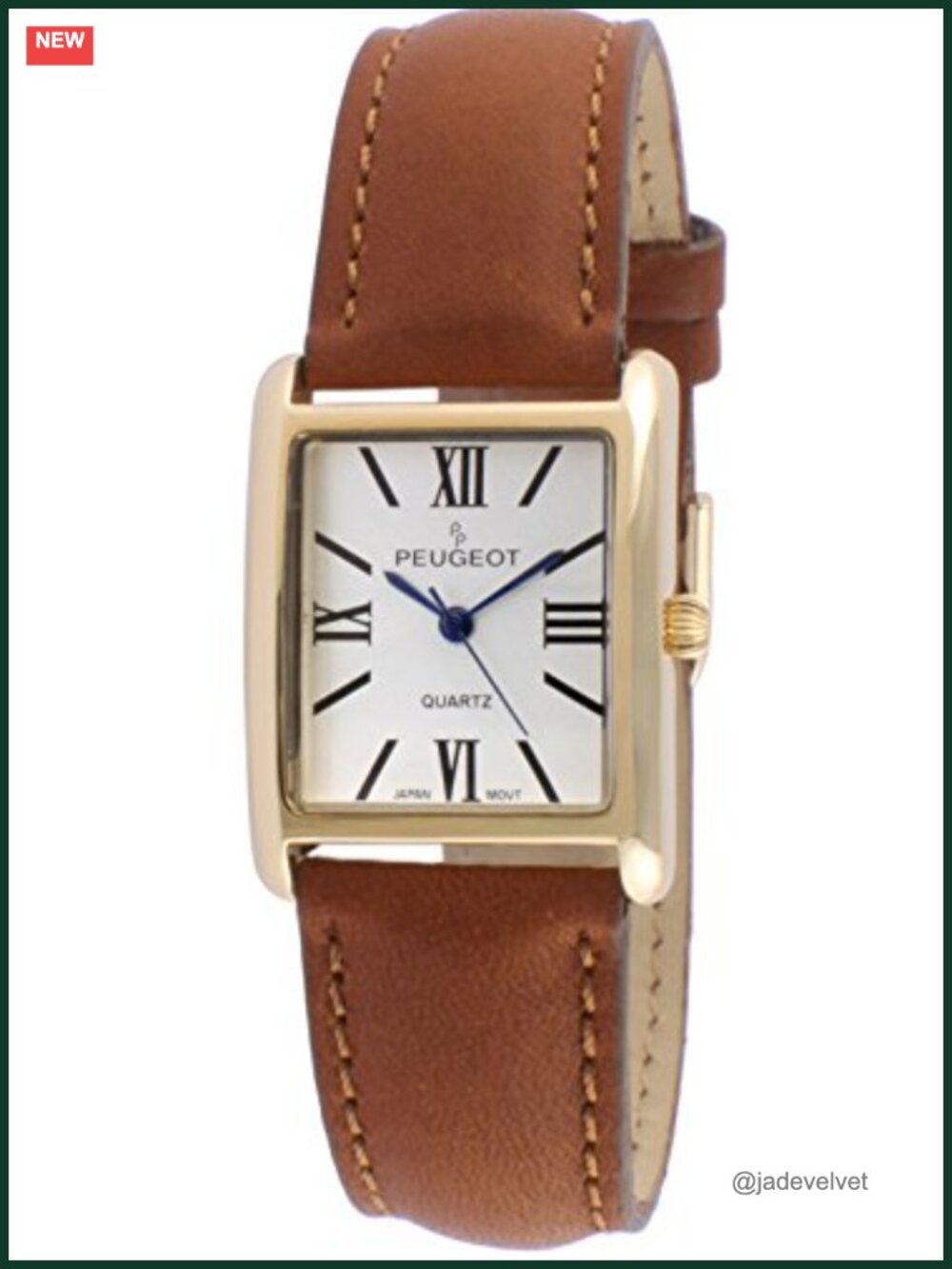 14K Gold Plated Tank Dress Watch Roman Numerals Leather Strap
